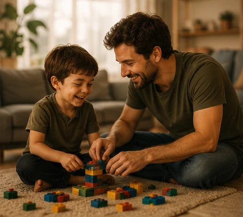 Un padre en el suelo, jugando con bloques con su hijo