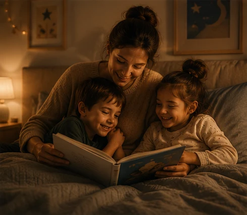 Una madre leyendo un cuento en la cama con sus dos hijos
