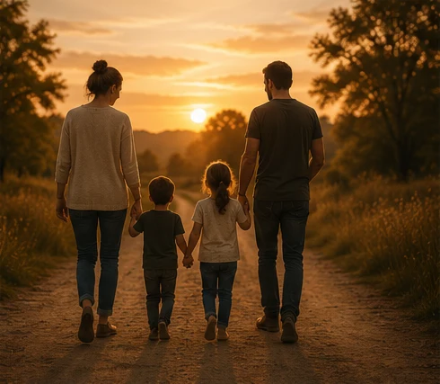 Una familia caminando junta hacia un atardecer