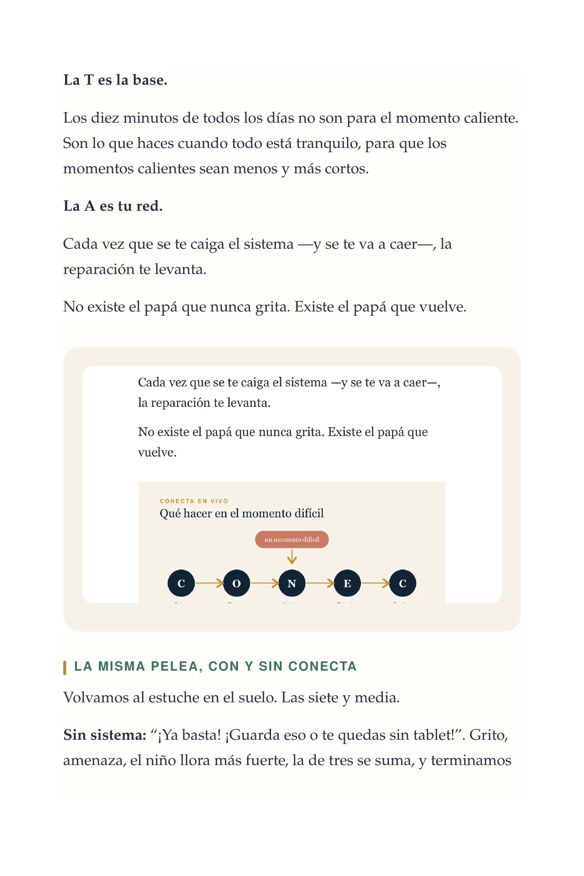 Página del libro que compara la misma pelea manejada con y sin el sistema CONECTA
