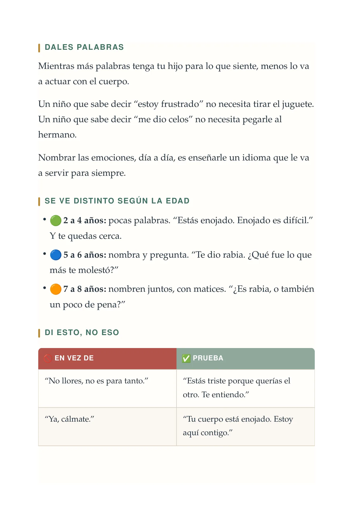 Página del libro con la tabla “di esto, no eso”: frases a evitar y frases a probar, con variantes por edad