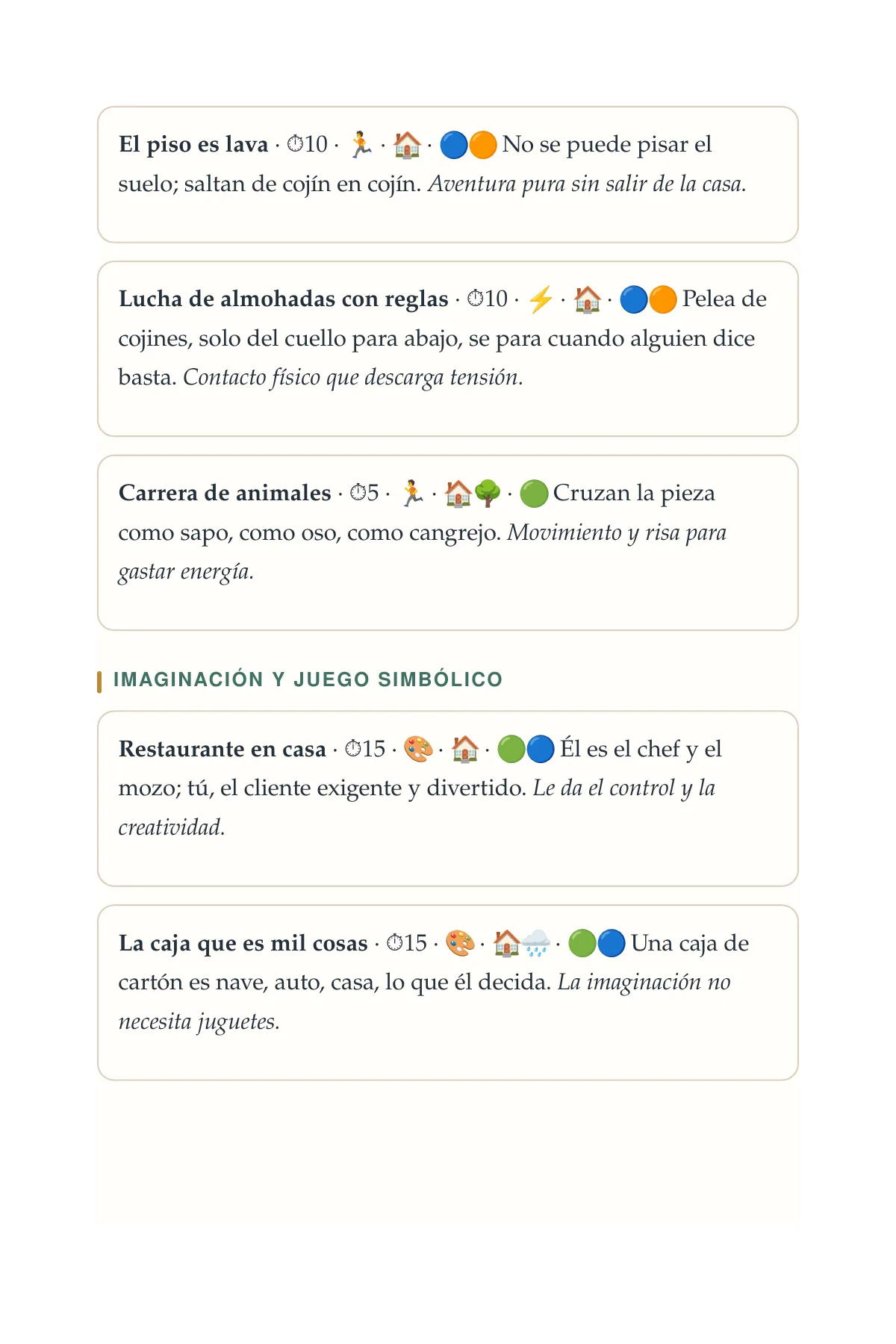 Página del libro con juegos de conexión, cada uno con su duración, lugar y edades